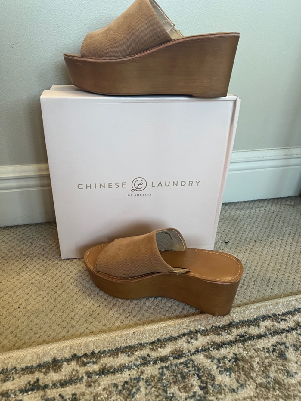 Chinese Laundry Tan Suede Platform Mule Wedges